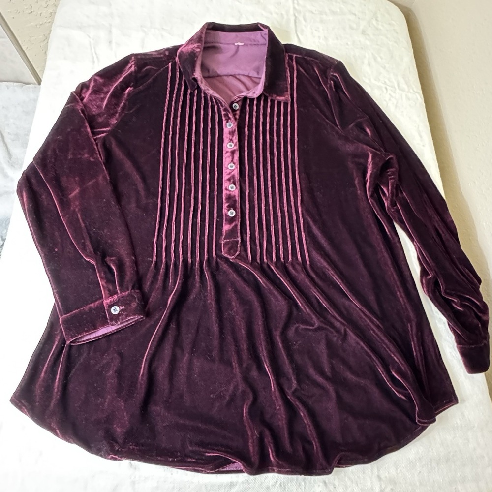 Coldwater Creek Womens Burgundy Velvet Peasant Blouse Top 14/16 Pintuck Holiday